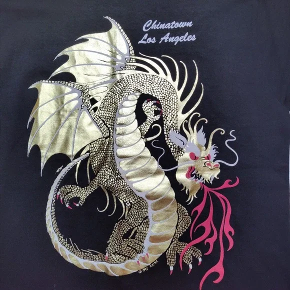 VTG Chinatown Los Angeles 1992 Gold Foil Dragon Men Large Single Thread T-Shirt